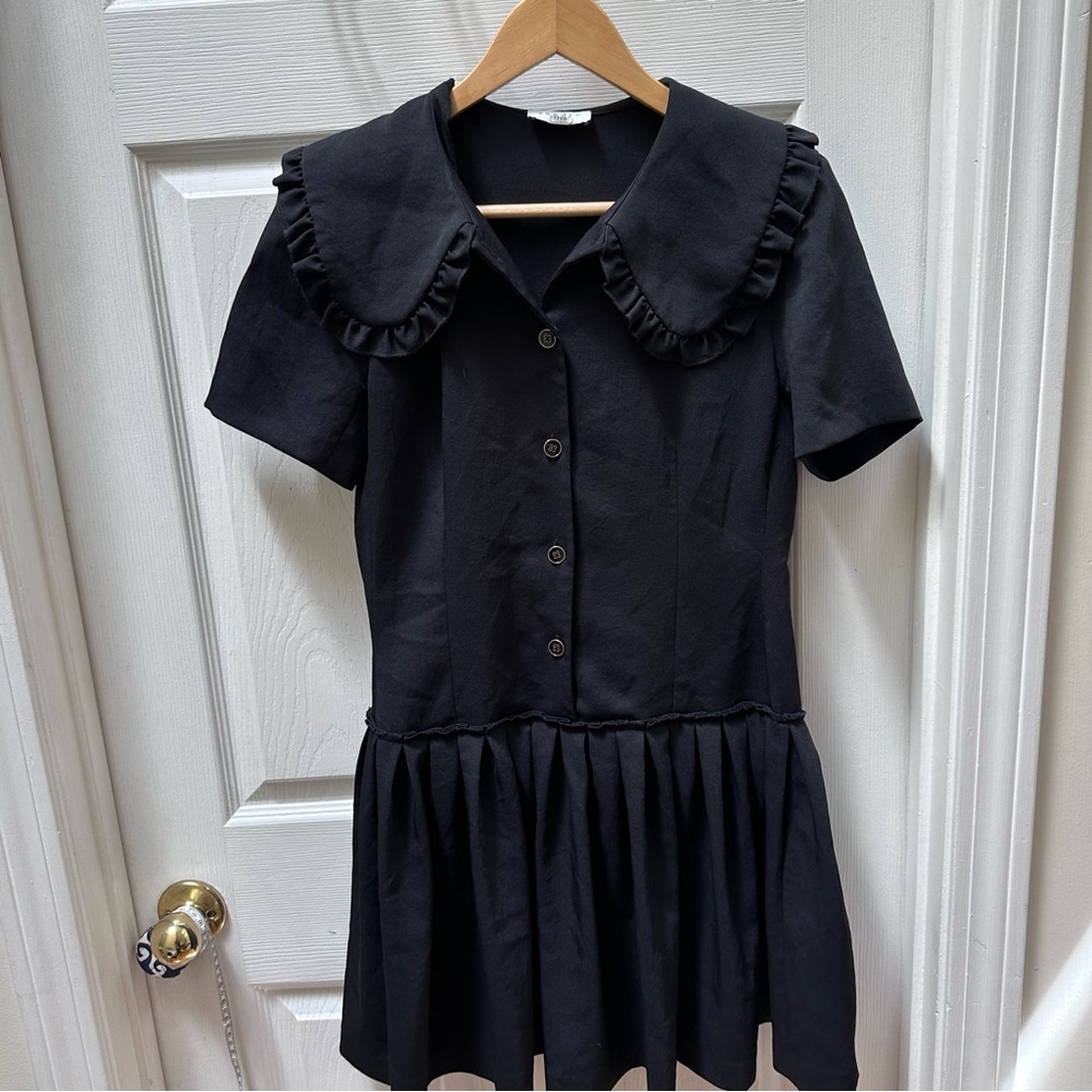 Sandro black flare shirt sleeve dress collar button 36